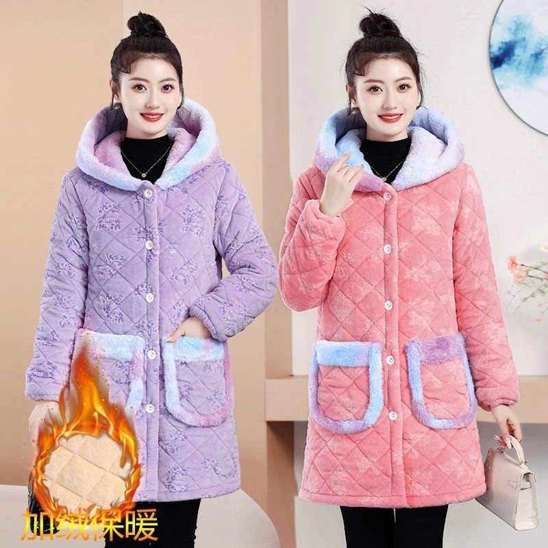 冬季新款女外套加绒罩衣加厚棉衣新款保暖显瘦气质通勤中长款棉服