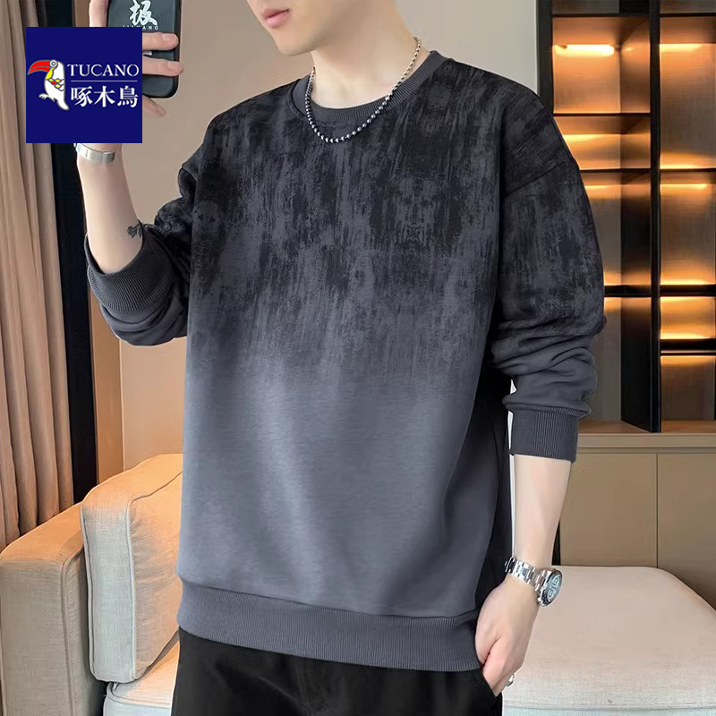 啄木鸟秋冬季长袖男士卫衣加绒加厚宽松上衣服休闲圆领t恤打底衫