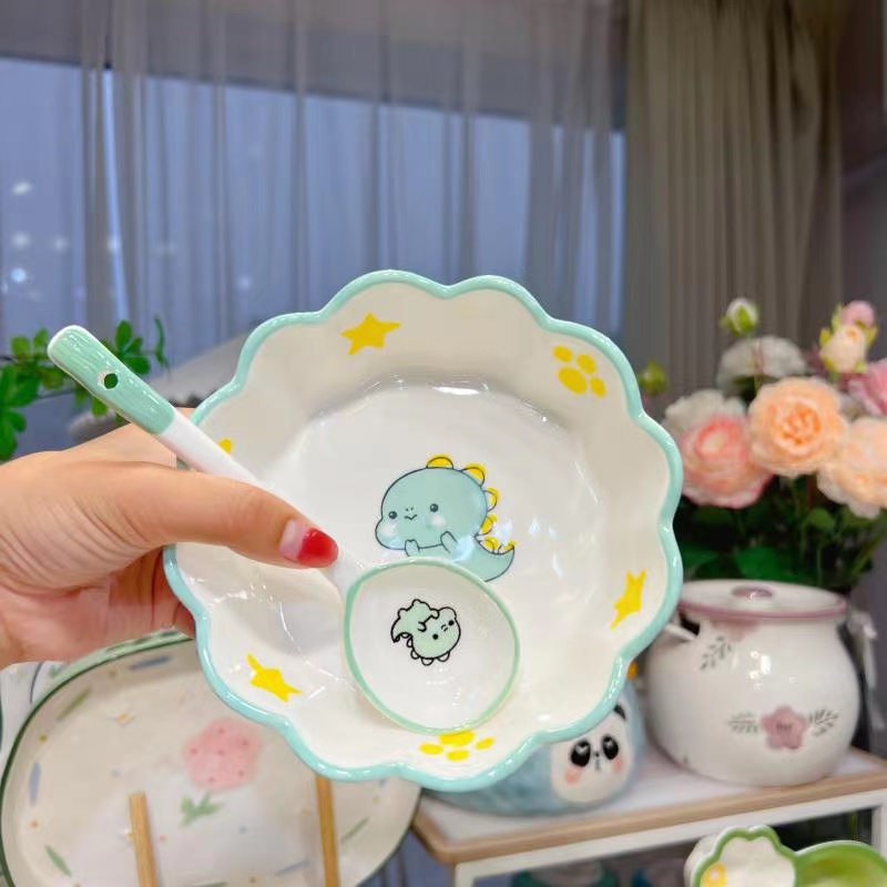 粉丝福利  6英寸花边碗加勺家用陶瓷沙拉碗