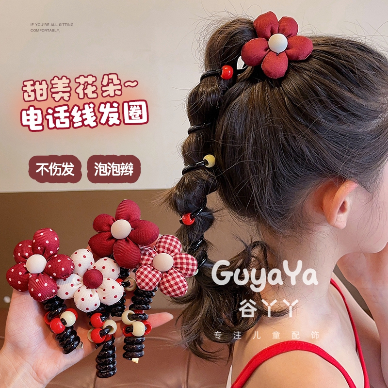 儿童甜美红色大花朵电话线发圈网红泡泡辫宝宝不伤发扎高马尾发绳