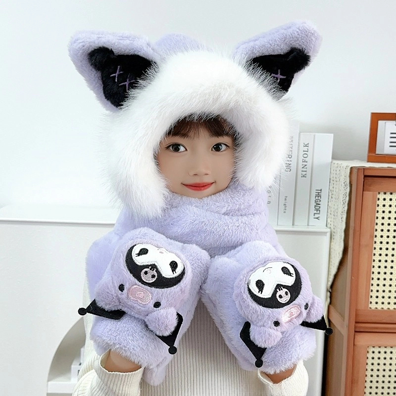 儿童帽子围巾手套三件套冬季卡通宝宝防风一体帽男女童毛绒护耳帽