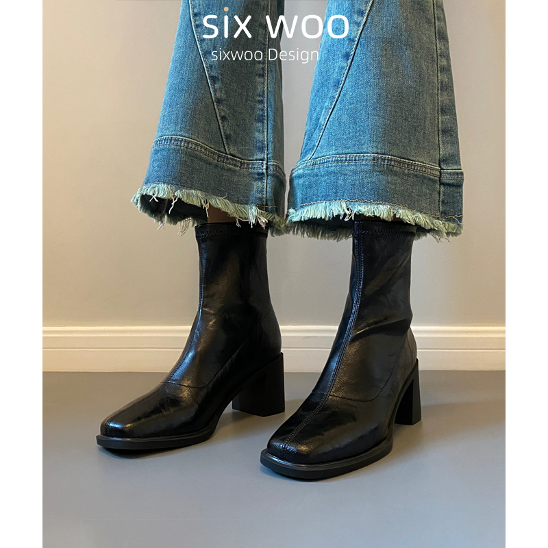 黑色短靴静音底短靴通勤高跟弹力瘦瘦靴秋冬软底体时尚复古粗跟靴