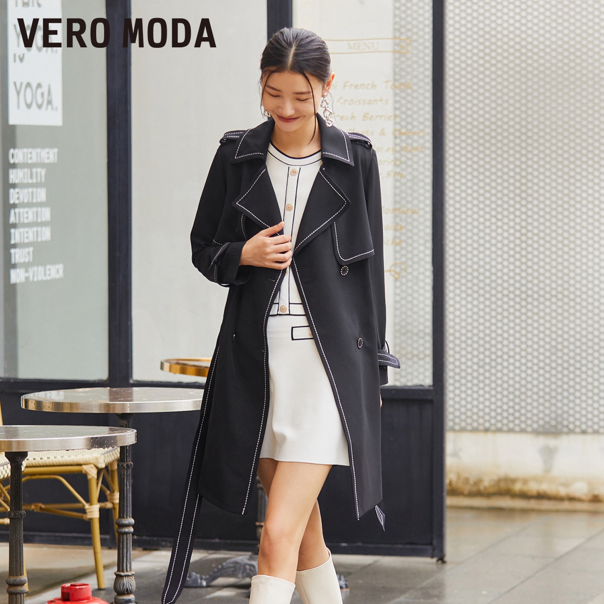 Vero Moda风衣明线装饰双排扣时尚休闲黑色收腰外套女爆款高级感