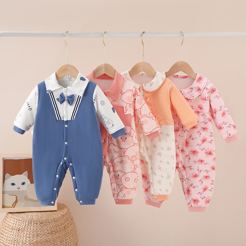 宝宝夹棉连体衣婴儿春季新款棉花薄棉长袖哈衣新生儿无骨爬服睡袋