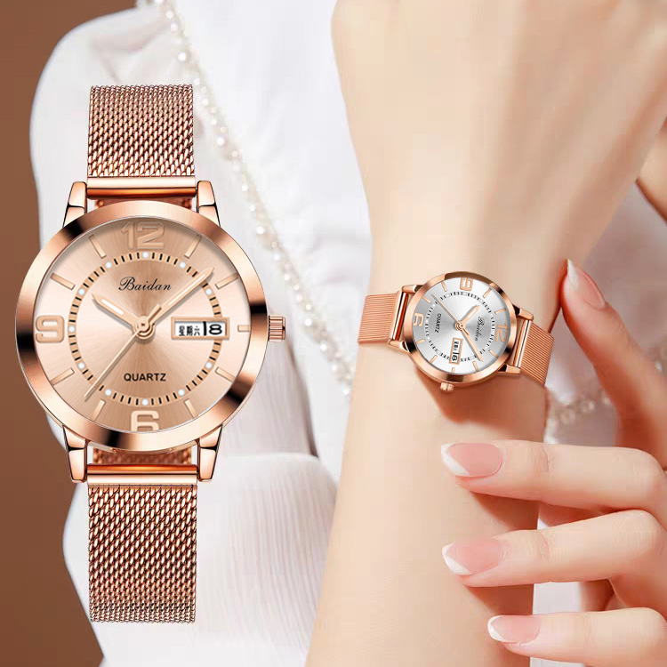 女士手表送礼物网红高档韩版时尚潮流双日历夜光防水夜光石英表