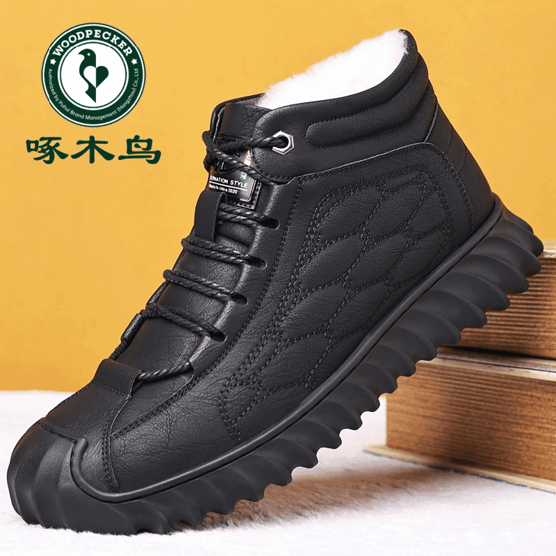 啄木鸟男鞋休闲棉鞋男冬季加绒保暖高帮棉皮鞋男真软皮爸爸雪地靴