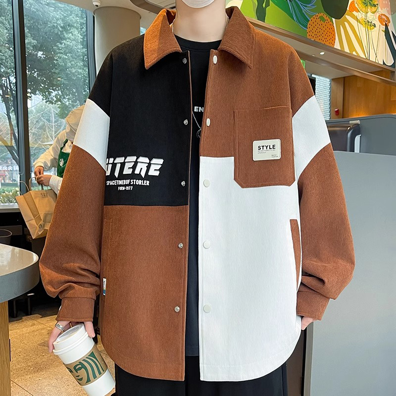 加大码撞色拼接情侣外套男春秋季新款潮流中学生衬衫宽松夹克男