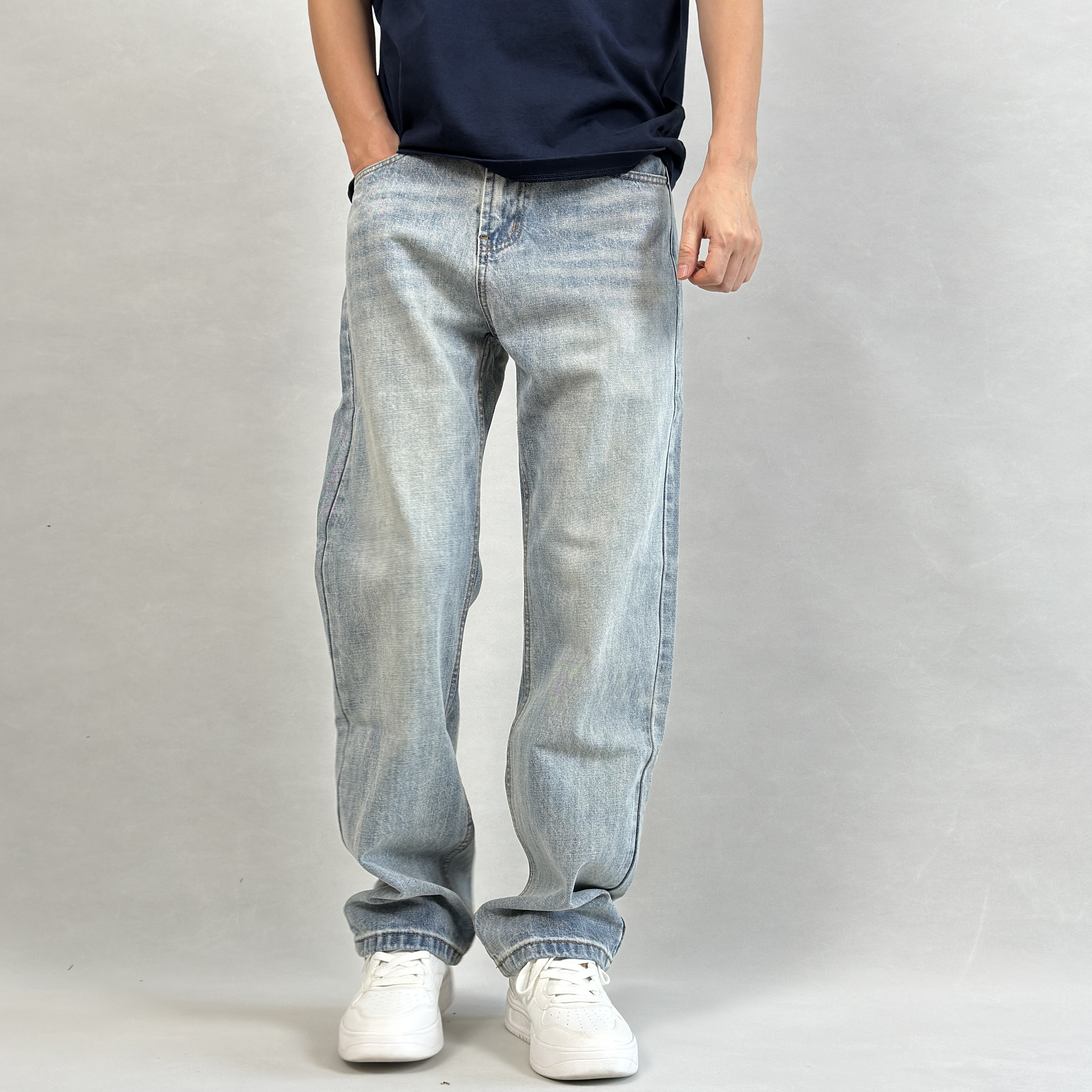 【阔感直筒】无弹美式牛仔裤男生男款休闲百搭潮牌高街水洗浅蓝