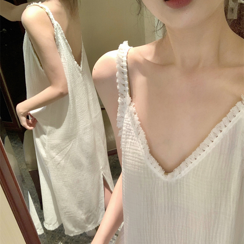 韩国ins性感露背吊带睡裙女夏季v领流苏中长款睡衣家居服可外穿薄