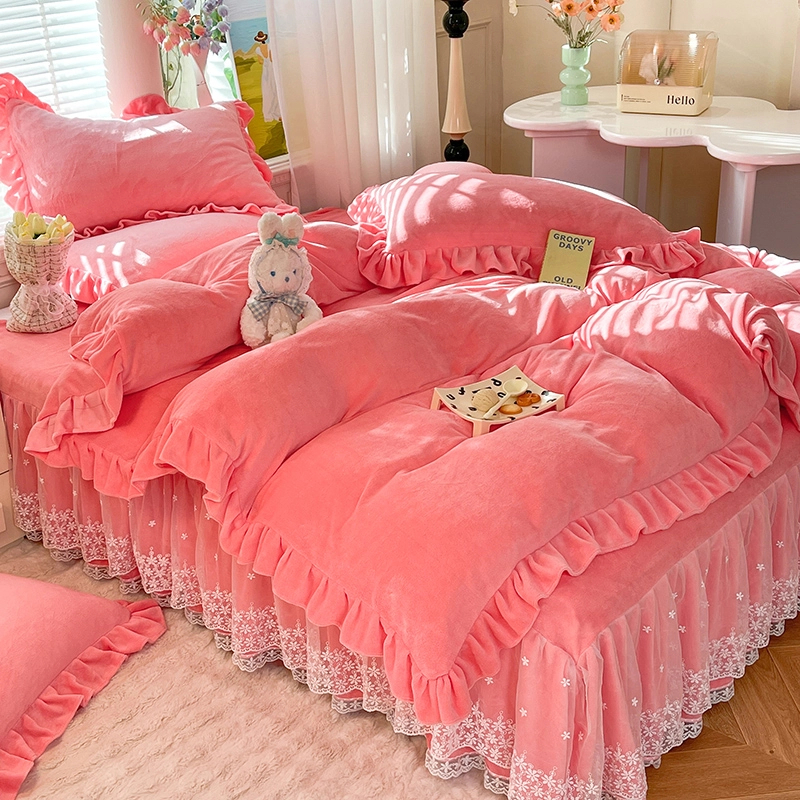 加厚韩式蕾丝花边牛奶绒床裙四件套公主风双面绒加绒四件套暖