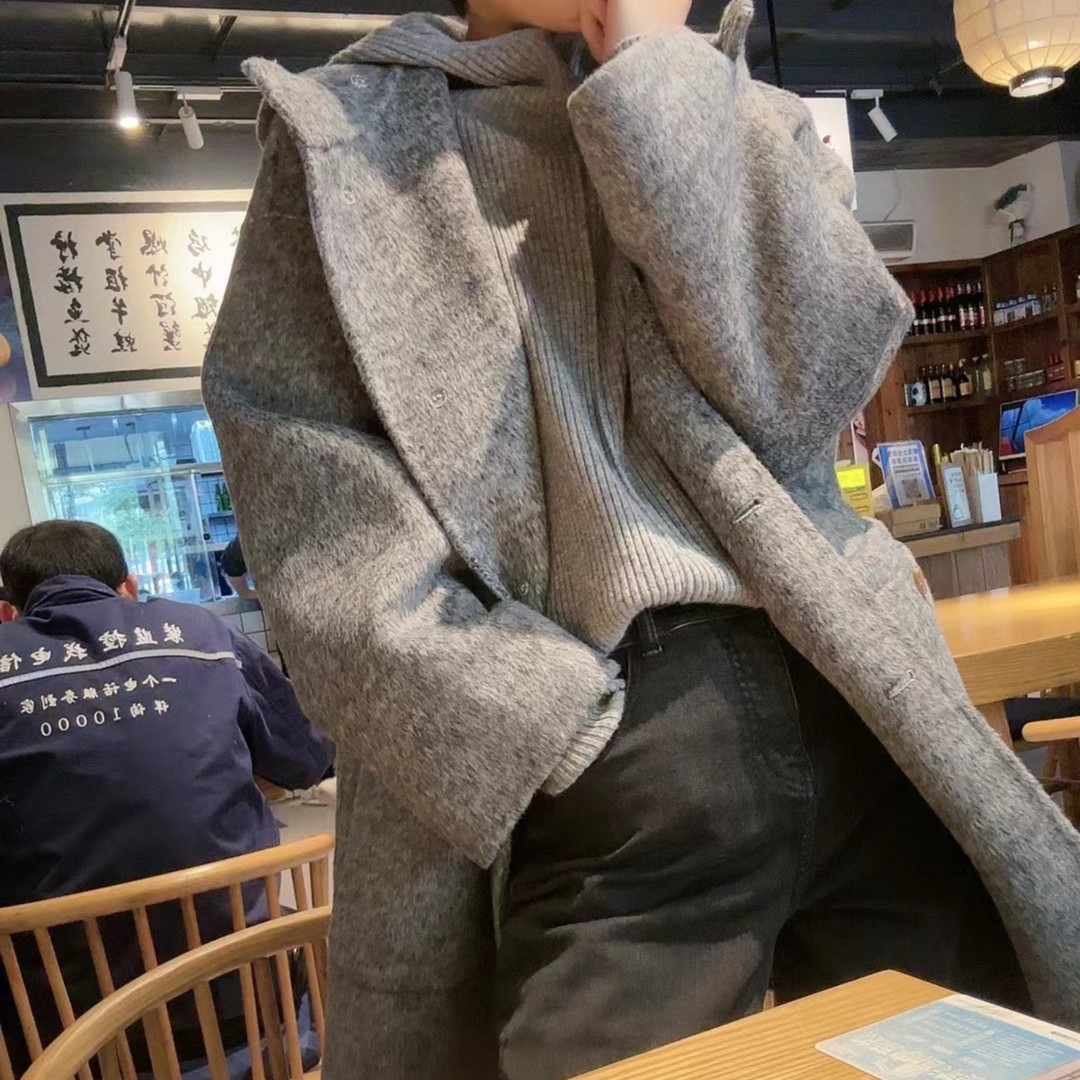 名港KEM2327秋冬新款气质英伦风连帽双面呢大衣外套慵懒风大衣