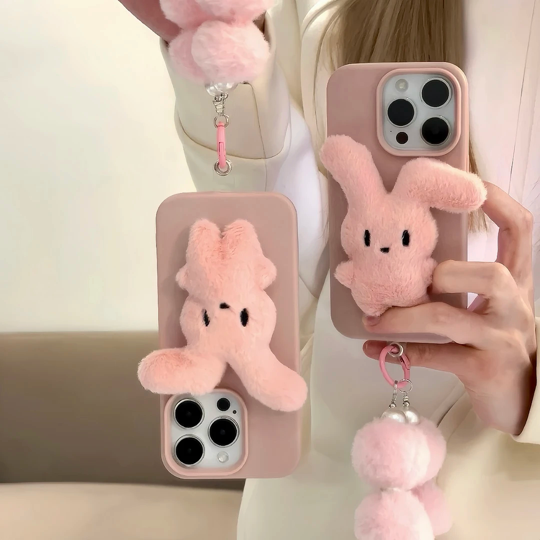 粉毛绒折耳兔子适用苹果16/15pro华为小米手机壳vivo荔枝纹OPPO