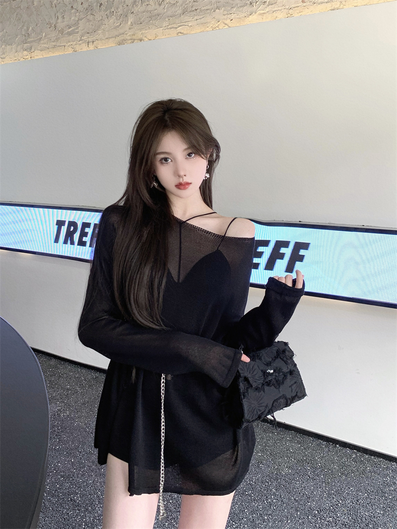 夏季新款镂空防晒打底衫t恤女宽松百搭中长款一字领长袖辣妹上衣