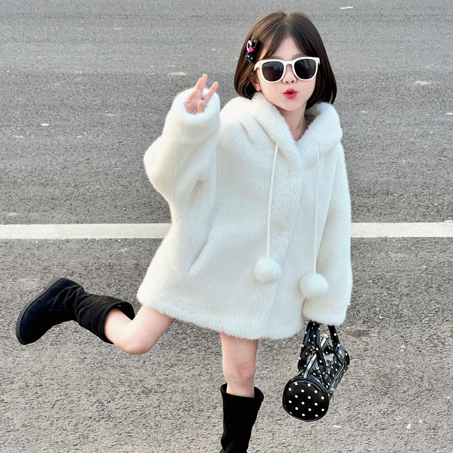 2025儿童冬毛毛大衣女童环保毛外套精灵连帽款时尚女孩仿皮草洋气