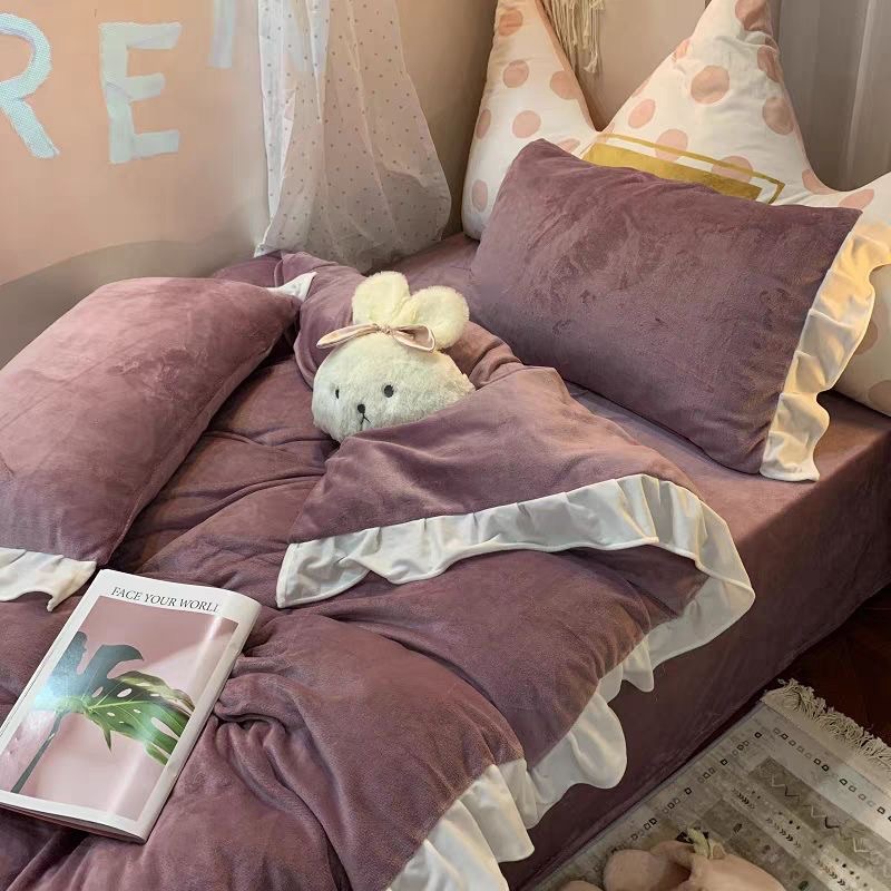 冬季加厚水晶绒纯色牛奶绒床上被罩四件套韩式花边被套床单三件套