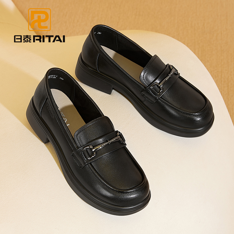 日泰夏季早秋厚底乐福鞋女头层牛皮轻便休闲百搭粗跟女单鞋流光风