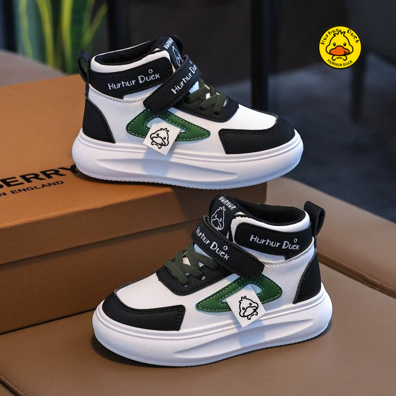小黄鸭男童秋冬鞋子2025新款春秋儿童皮面运动鞋高帮潮流防滑板鞋
