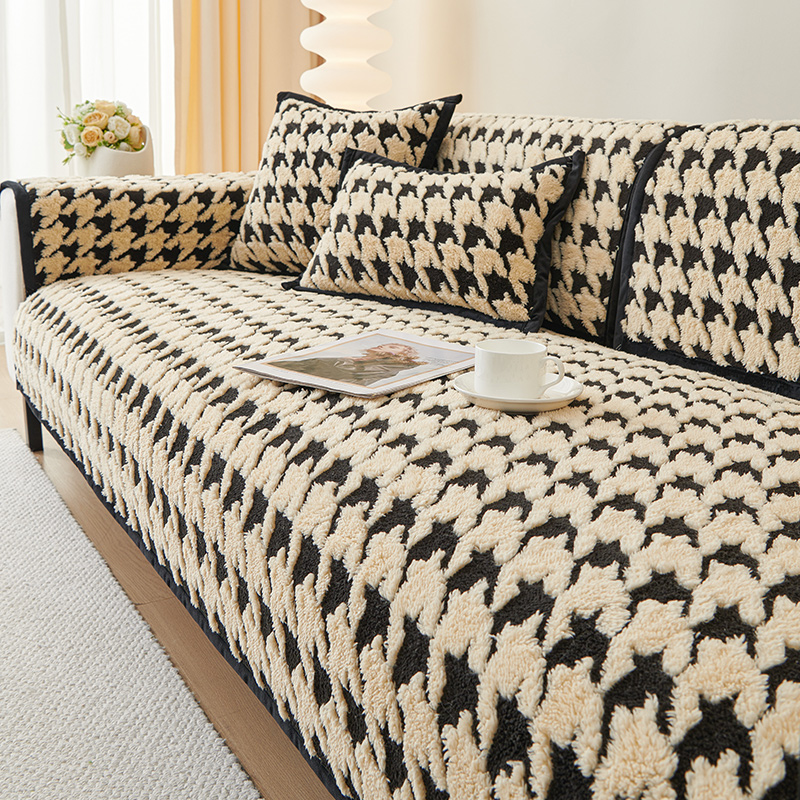 千鸟格高档沙发垫秋冬短毛绒坐垫轻奢防滑皮沙发套罩盖布巾高档