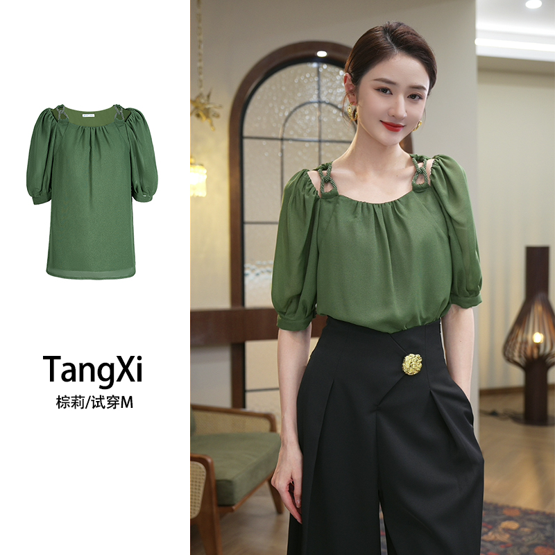 唐熹现货2025夏季新款【ZM24-X378】法式时尚绿色显瘦气质衬衫上衣