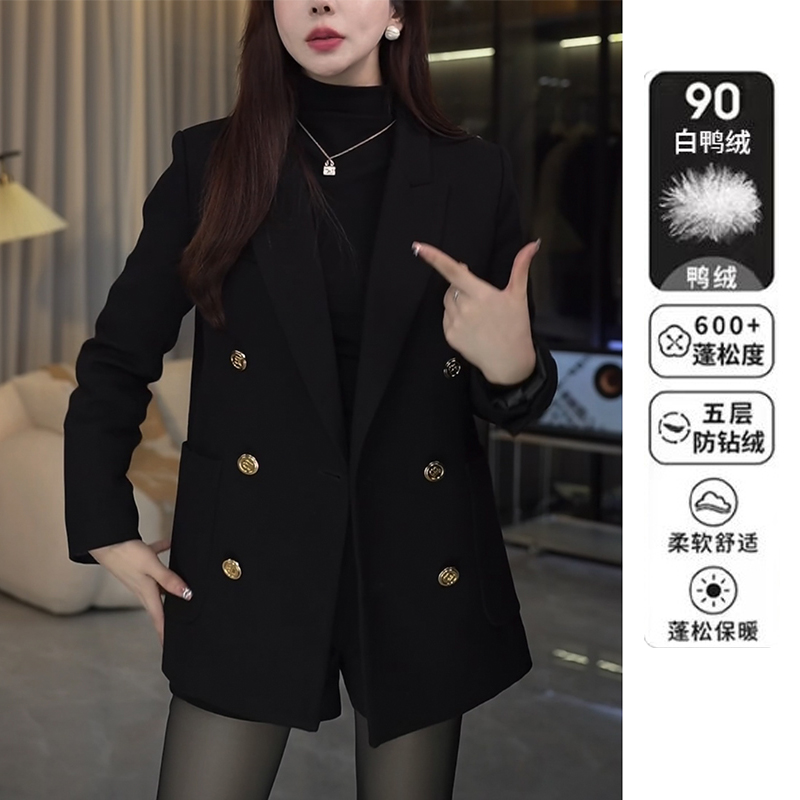 高级感90白鸭毛呢西装外套女冬季2025新款加棉呢子大衣女厚西服潮