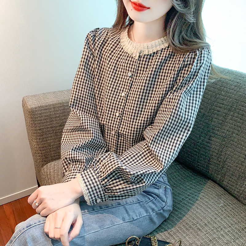 法式复古高级感格子衬衫女士2025春秋新款洋气长袖气质遮肚子上衣