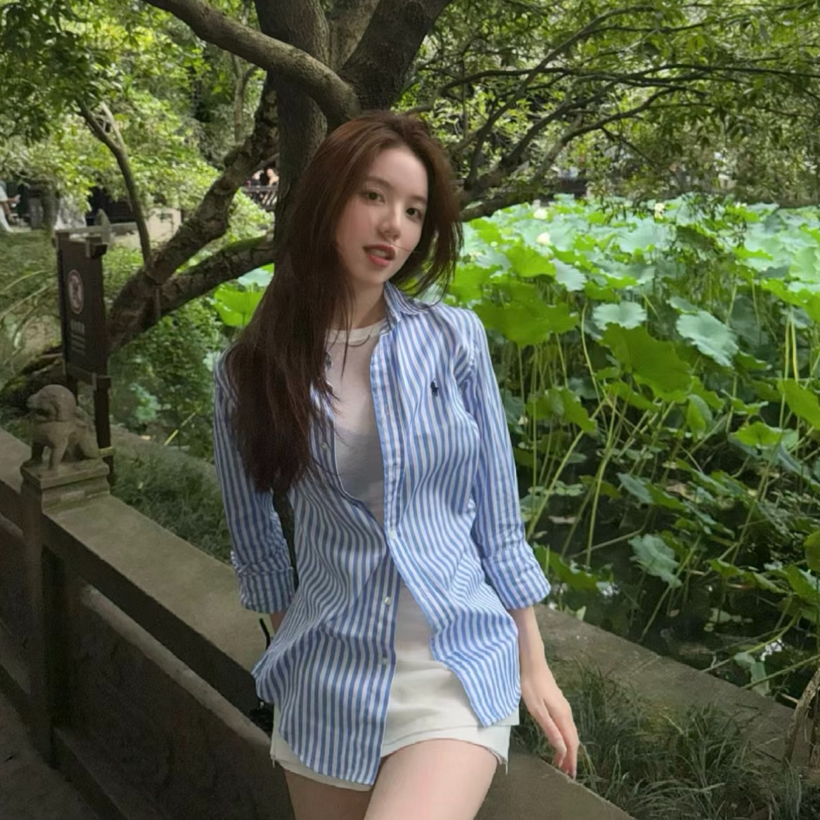 春夏纯棉条纹衬衫刺绣正肩衬衫夏季穿搭透气时尚百搭设计感