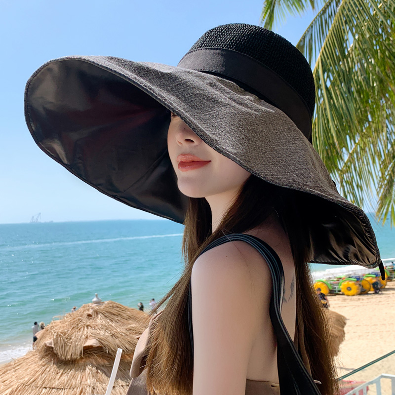 18cm大帽檐遮脸渔夫帽夏季女防紫外线黑胶遮阳防晒帽子出游太阳帽