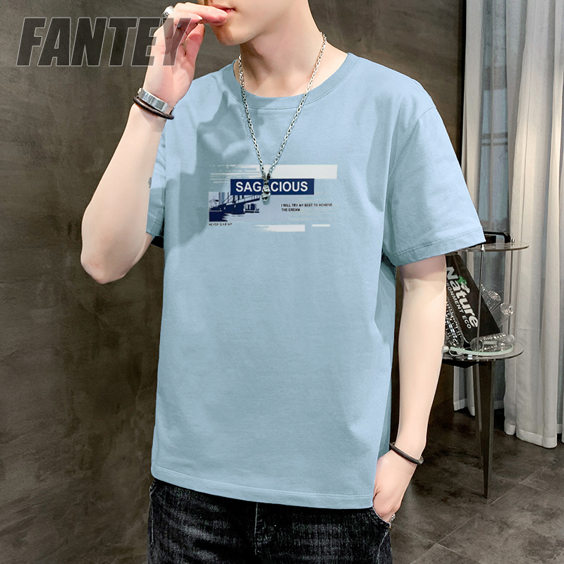 纯棉短袖男士夏季印花青春潮流ins百搭半袖打底纯色圆领T恤-SAG