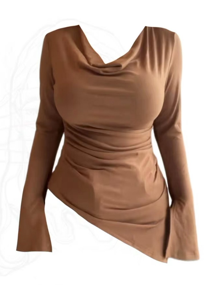 微胖mm修身显瘦性感荡领正肩长袖t恤女内搭纯欲辣妹百搭打底上衣