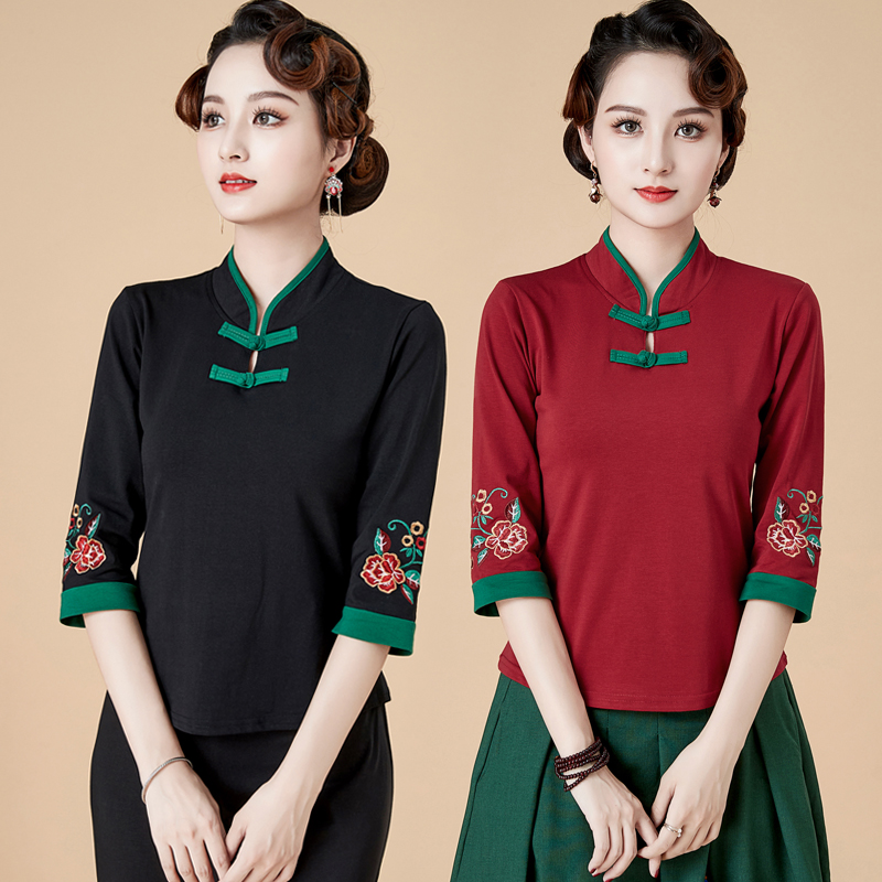 【直播价】复古刺绣女装中国风立领中式长袖民族风绣花七分袖上衣