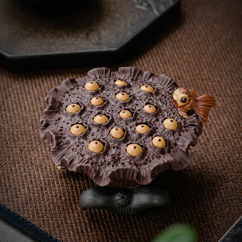 京峰阁蒋菊芳老师国高工全手工花边金鱼莲子紫泥茶道茶宠紫砂摆件