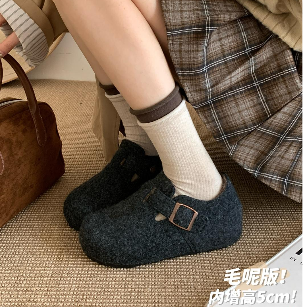内增高5CM~森系毛呢厚底勃肯鞋女秋冬季扣带乐福加绒棉鞋毛毛鞋