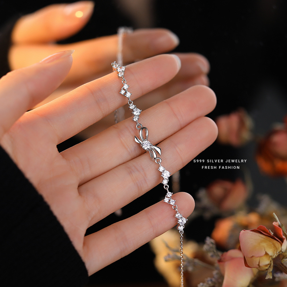 足银合成锆石手链 s999【闪亮蝴蝶结】轻奢美少女甜美手链手腕配饰