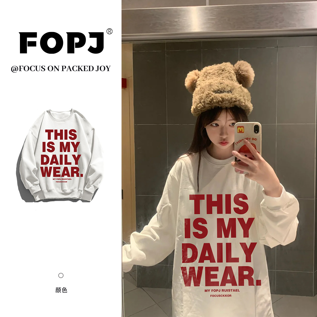 FOPJ学院风长袖时尚印花圆领卫衣女春秋季奶fufu宽松加绒加厚新款