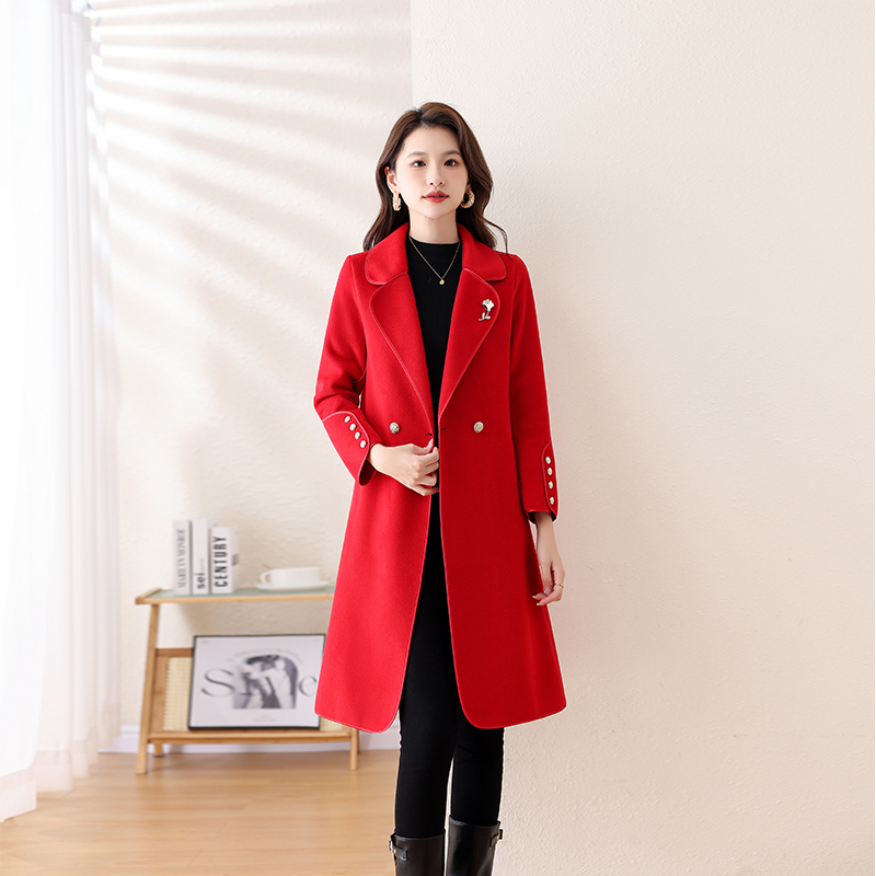 2025春秋新款双面绒小个子长款气质时尚红色大衣毛呢外套薄外套