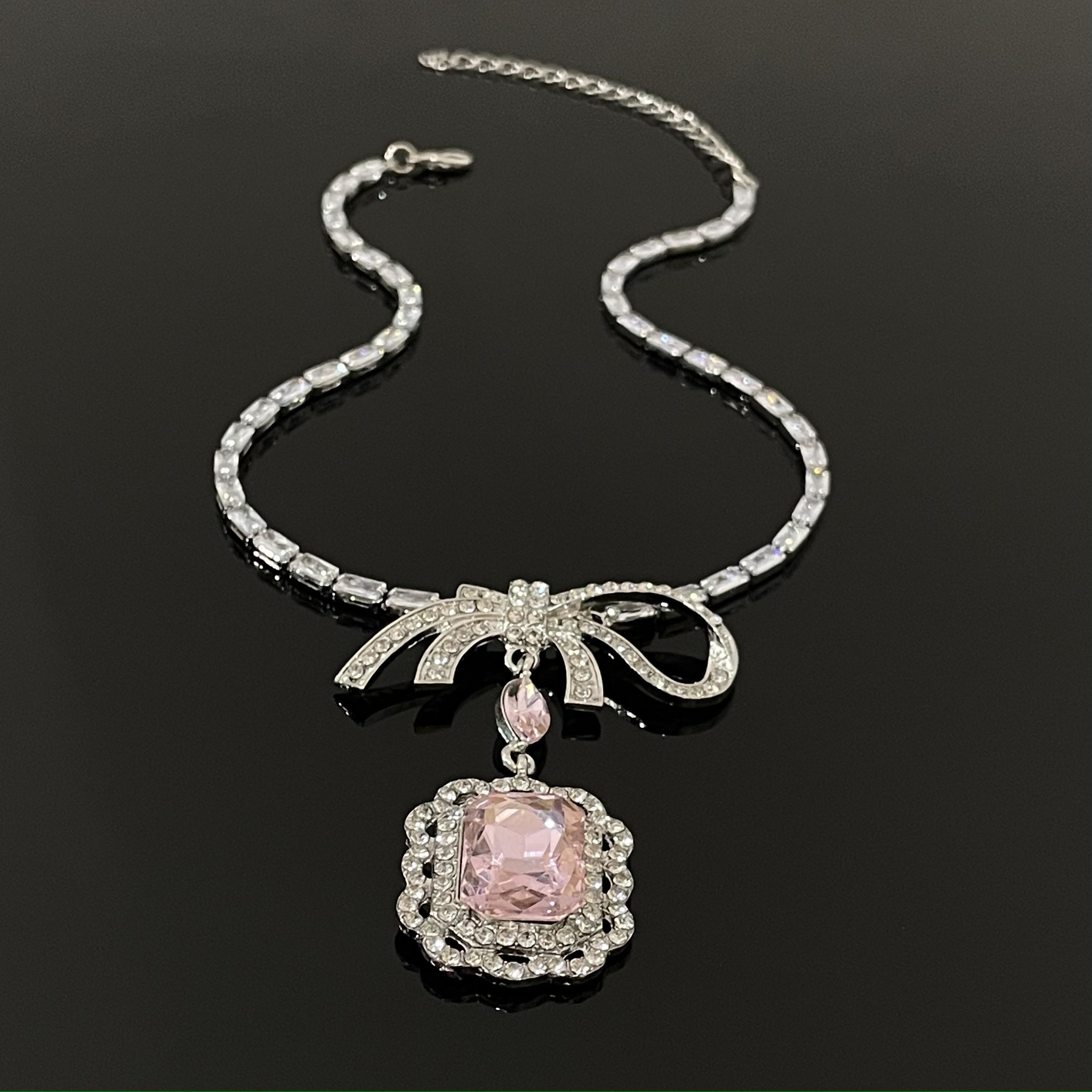 合金项链 X3195-1时尚甜美小众轻奢设计感颈链百搭粉色蝴蝶结项链