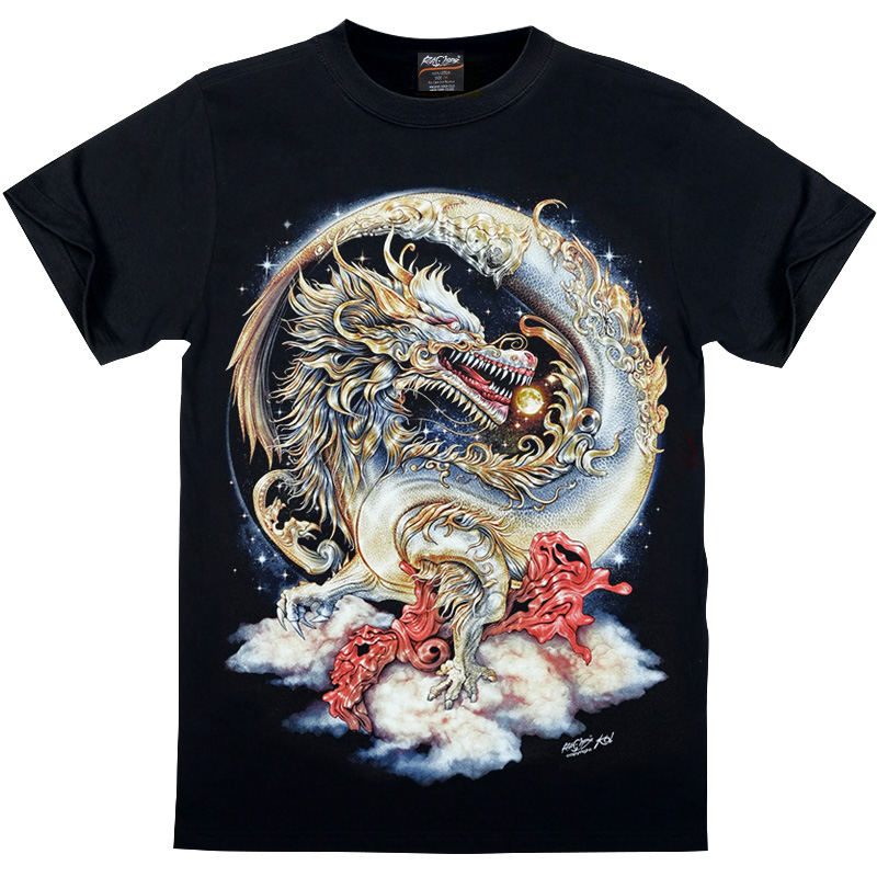 ROCK EMPIRE/摇滚帝国新款龙凤呈祥祥龙大图夜光短袖男士t恤短袖