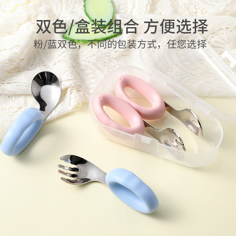 宝宝勺子自主进食弯头勺一岁婴儿吃饭训练勺不锈钢学吃饭辅食勺