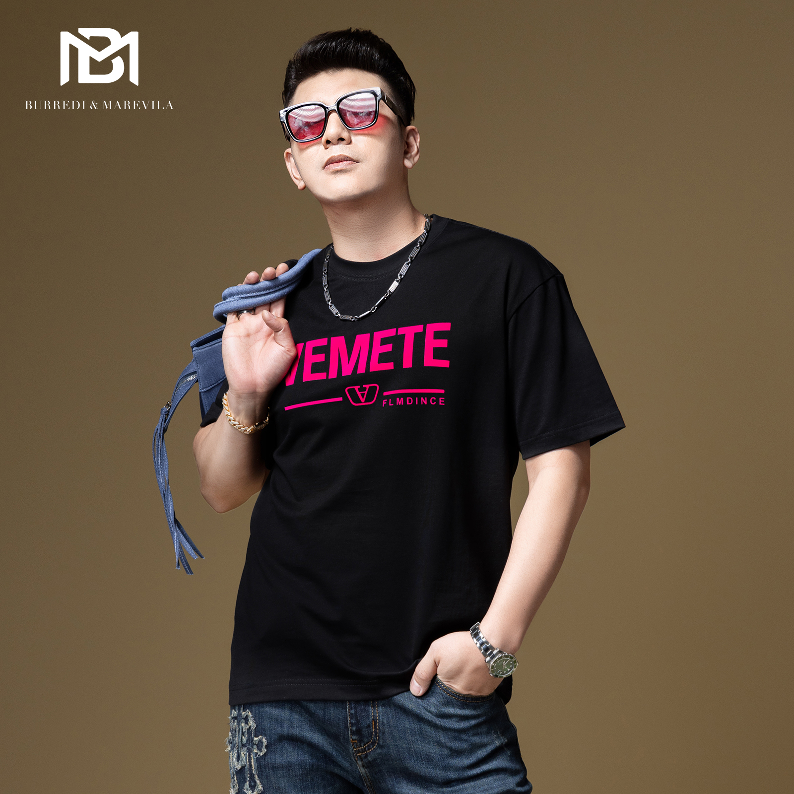 BM欧美潮牌t恤美式复古字母植绒印花宽松纯棉短袖男款夏季打底衫