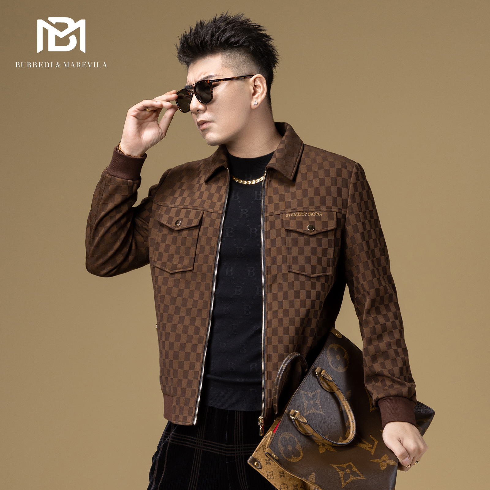 BM男士秋季上衣2023新款复古格子外套男潮高级感休闲翻领夹克上衣