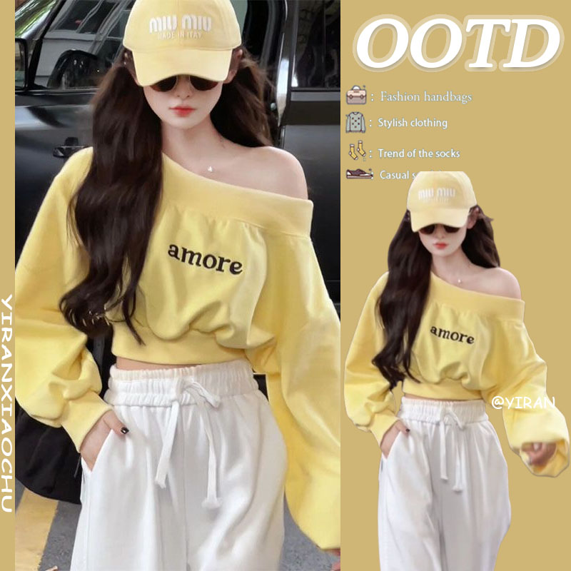 秋冬搭配一整套2024新款韩系设计感一字肩上衣休闲阔腿裤两件套装