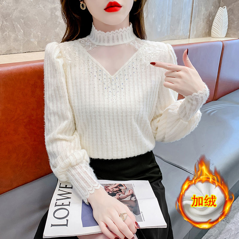 法式洋气甜美高级感名媛加绒长袖蕾丝衫女冬季新款百搭上衣潮
