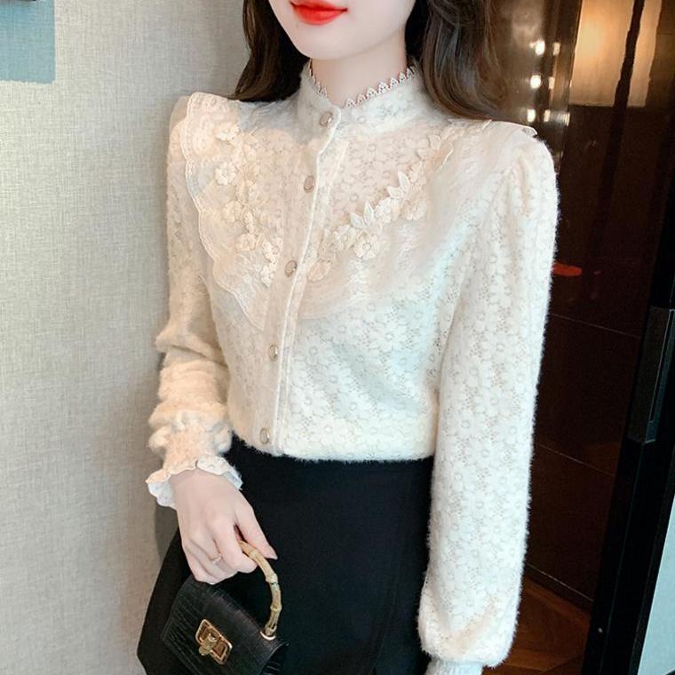 加绒加厚蕾丝打底衫女2024秋冬新款法式高级感长袖别致上衣潮