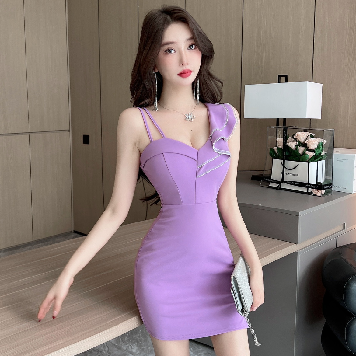 夜总店性感单肩荷叶边包臀打底连衣裙夜场上班衣服深v低胸吊带裙