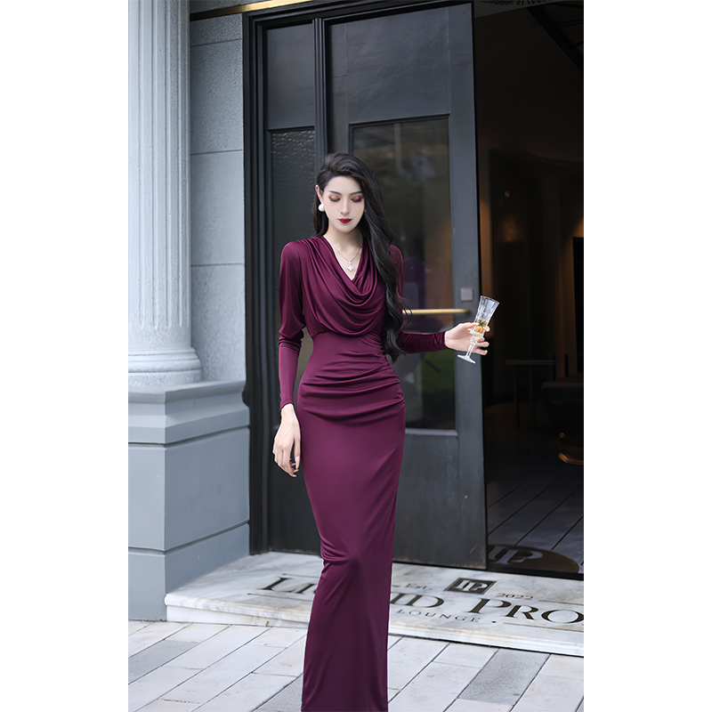 尤克菲儿 原创高定醋酸简约时尚气质长裙堆堆领修身显瘦连衣裙