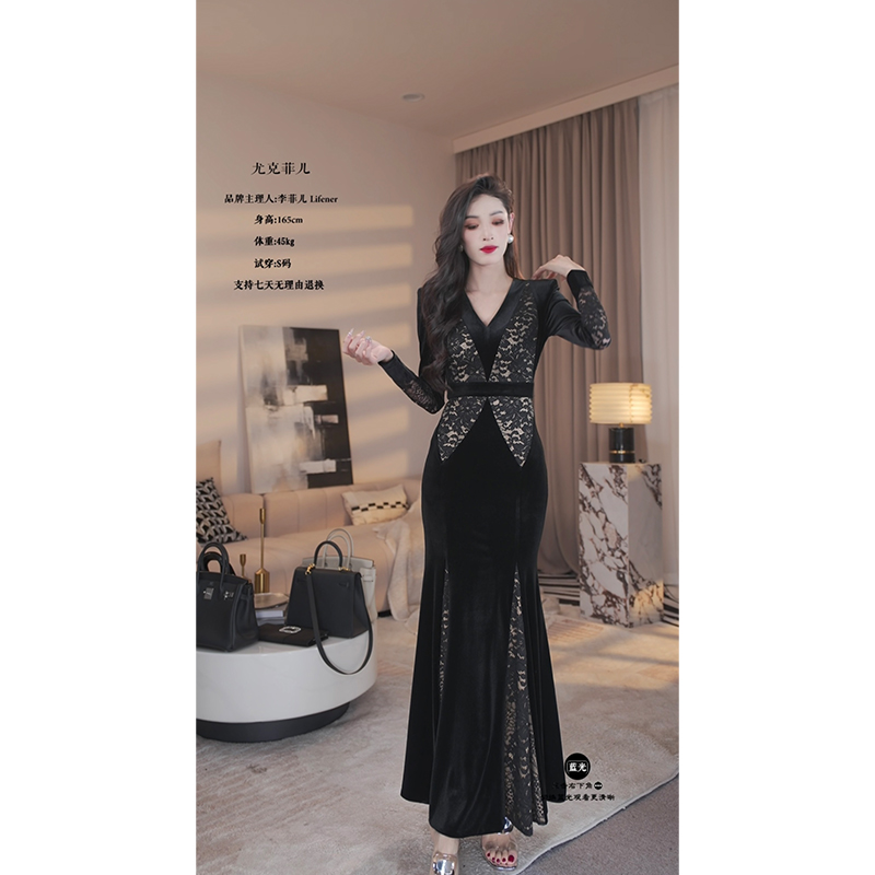 【尤克菲儿】原创轻奢高定丝绒拼接蕾丝名媛气质优雅修身连衣裙