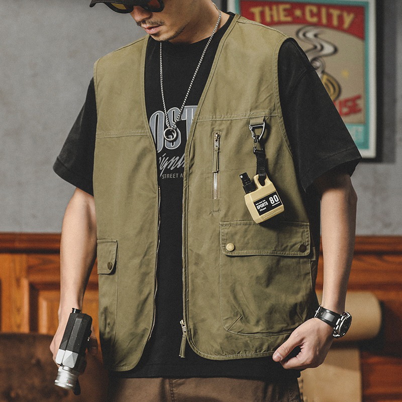 无袖宽松工装马甲男夏季薄款多口袋背心马夹山系户外坎肩夹克外套
