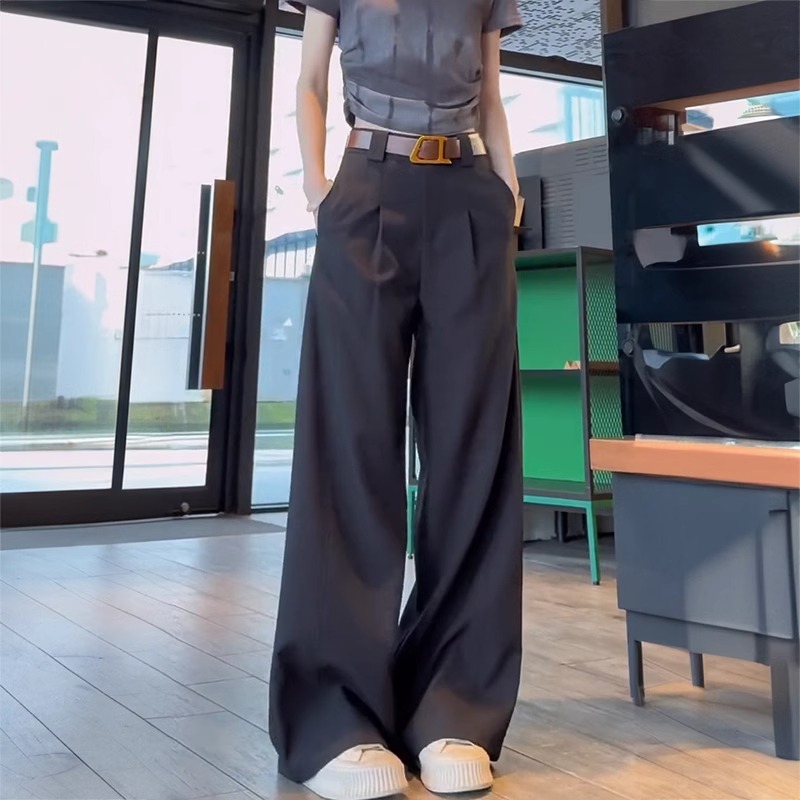 黑色西装宽松阔腿裤女微胖穿搭2025新款高腰百搭显瘦直筒拖地长裤