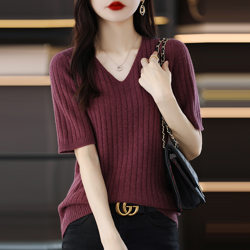 宽松显瘦【80-170斤】V领冰丝短袖T恤女夏季新款坑条针织纯色上衣女
