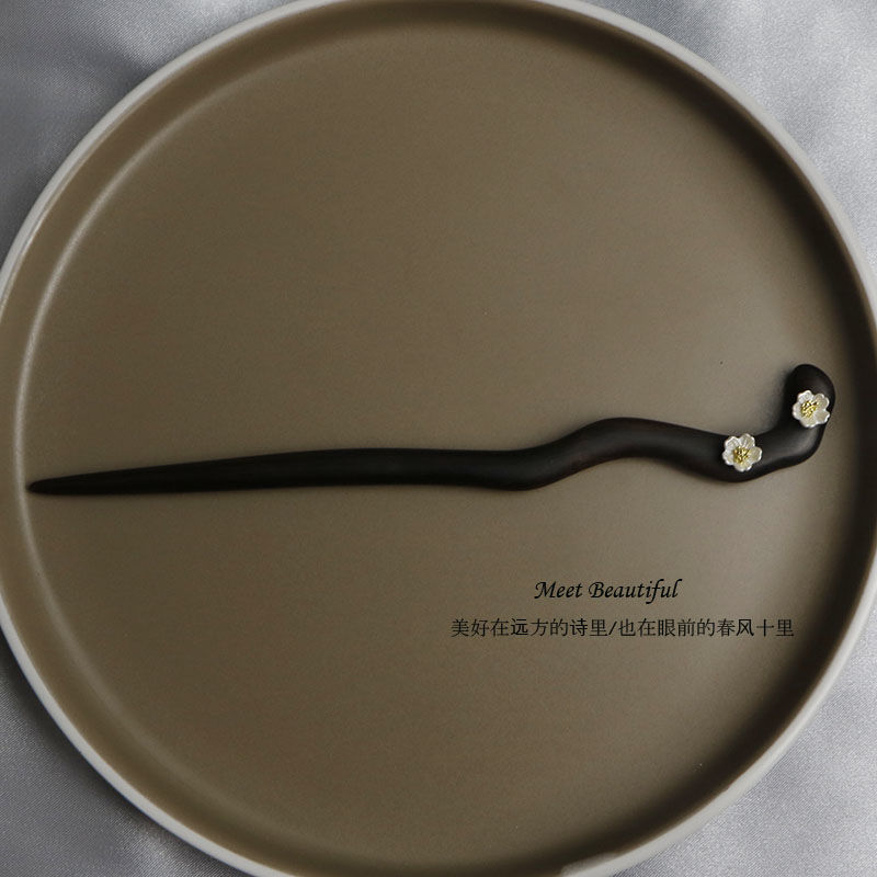 黑檀木发簪女旗袍花朵现代发饰盘发木簪簪子汉服头饰配饰